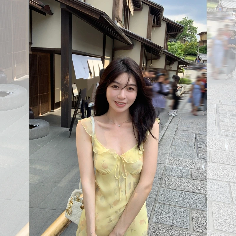 LAZY ZOE夏至百日菊连衣裙 碎花V领气质收腰荷叶边印花长裙