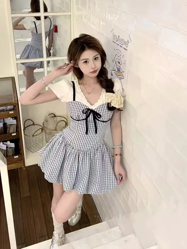 法式公主风假两件格子花苞连衣裙心里新款时尚可爱减龄显瘦连衣裙