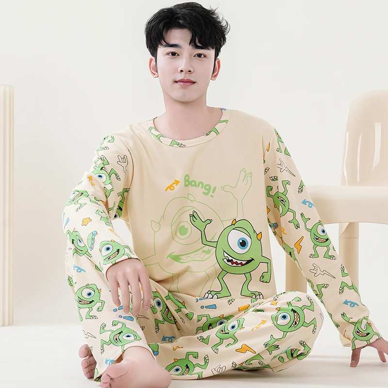 纯棉睡衣男春秋季长袖长裤青少年男士薄款大码宽松卡通家居服套装