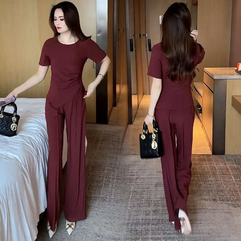 时尚开叉套装女2025夏季新款垂感气质减龄显瘦短袖直筒裤两件套