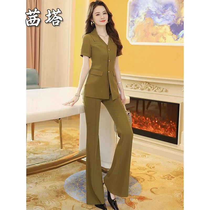 小众摩登干练气质时尚套装女2025夏装新款收腰OL职业小西装喇叭裤