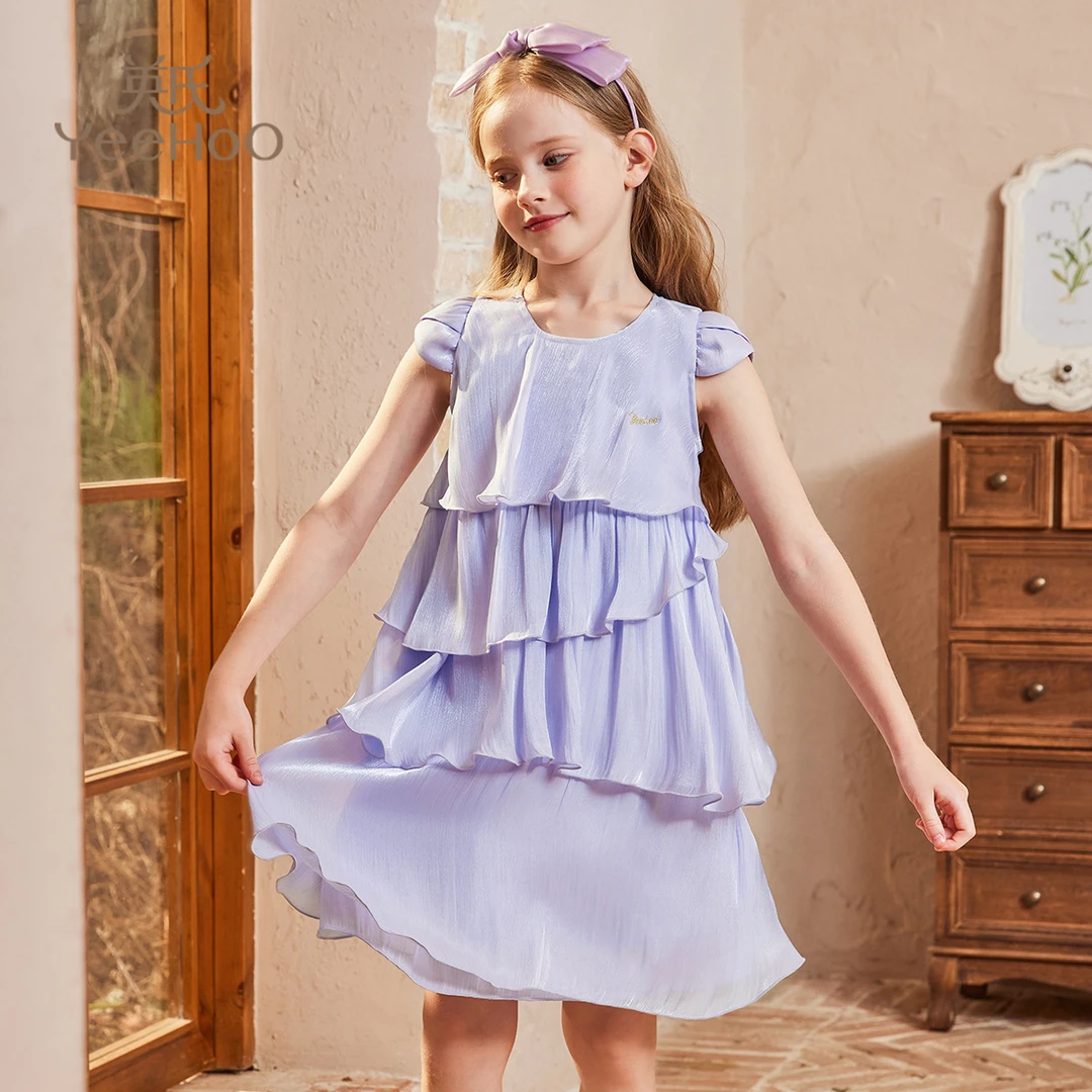 英氏【夏季连衣裙】女童连衣裙夏季闪缎淑女裙中大童洋气公主裙