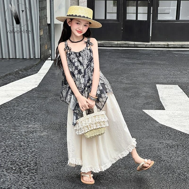 VALVOELITE女童夏装套装新款女大童夏装韩系吊带上衣儿童度假休闲