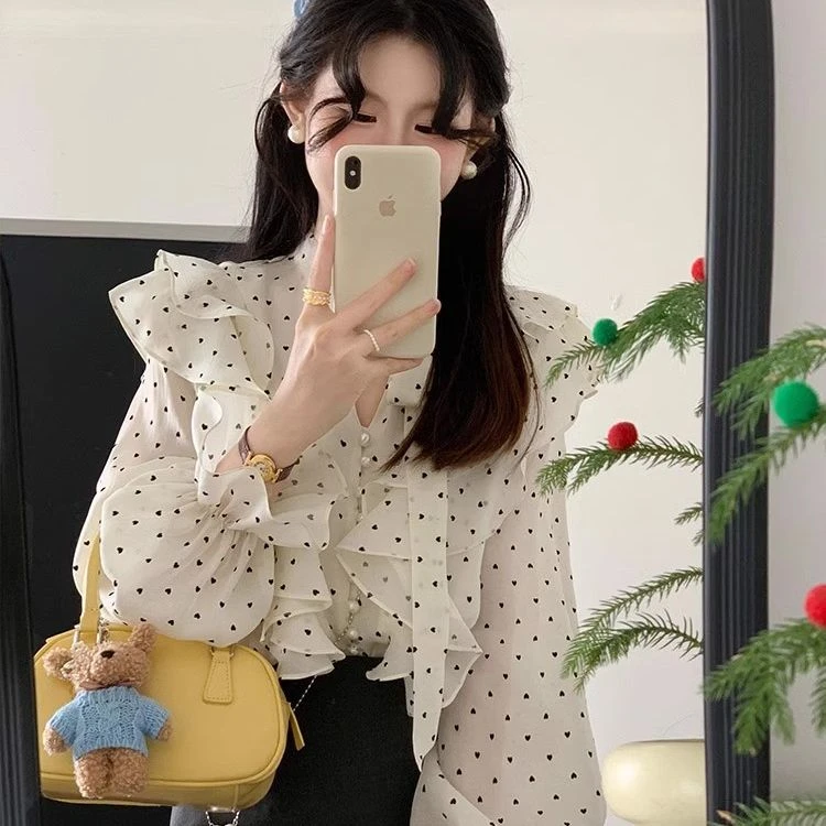 设计感别致百搭法式荷叶边波点系带长袖衬衫2025春季新款小众时尚