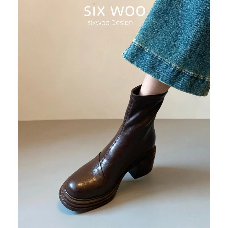 自留款高跟厚底短靴女增高小个子圆头马丁靴后拉链软皮靴子新款