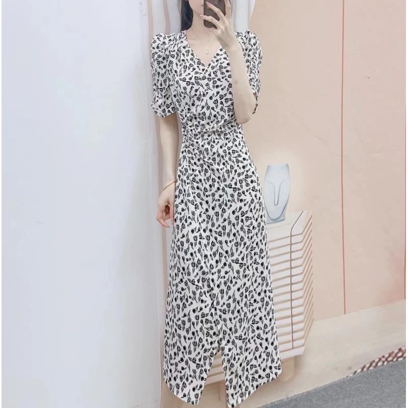 E1汉派时尚印花雪纺收腰开叉短袖连衣裙831清