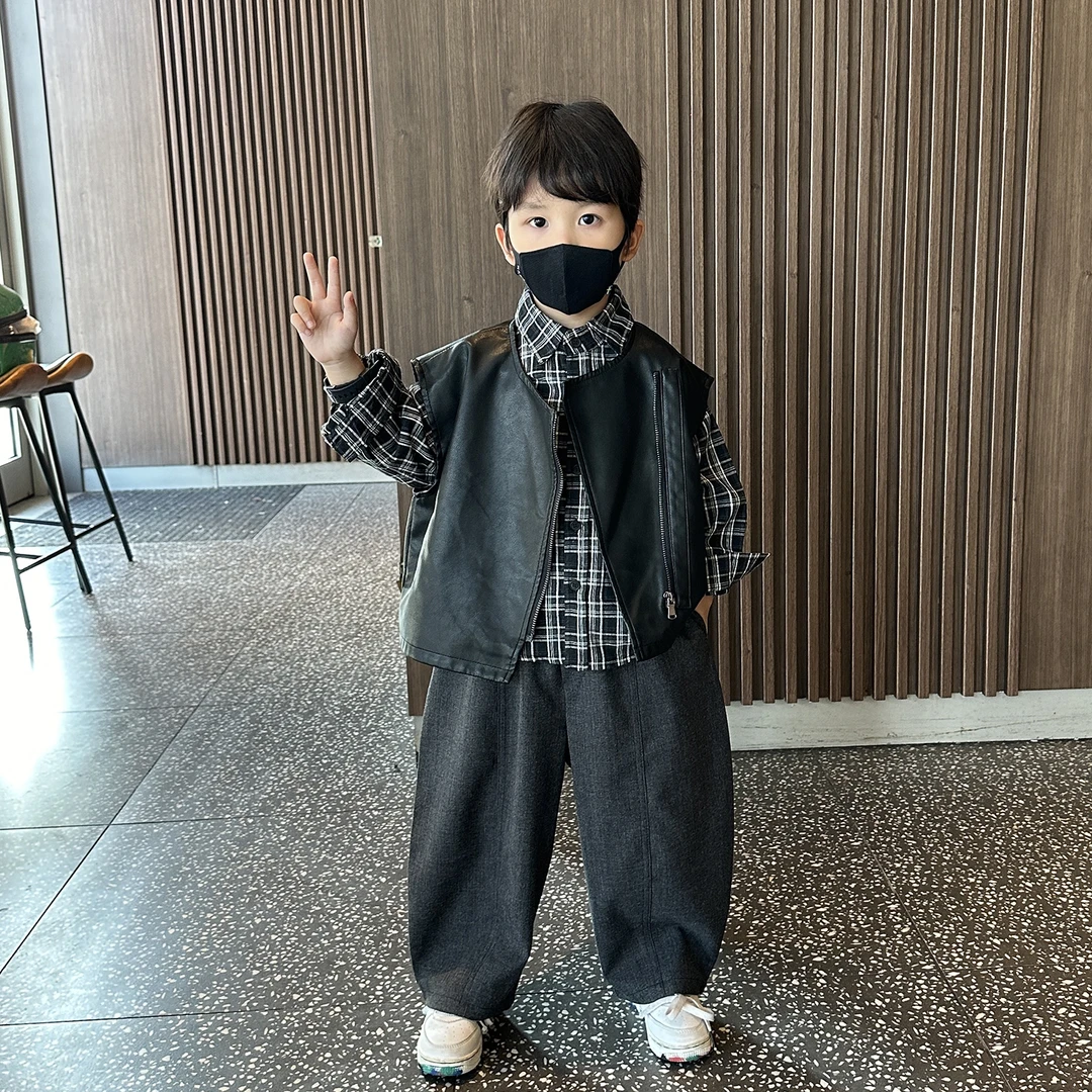 男童套装2025新款秋季儿童宝宝春秋装韩版时髦衬衫皮马甲三件套