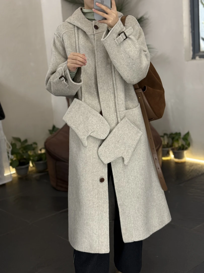 0134#新款双面羊毛大衣到帽子款陪手套一粒扣（搭配刷子）