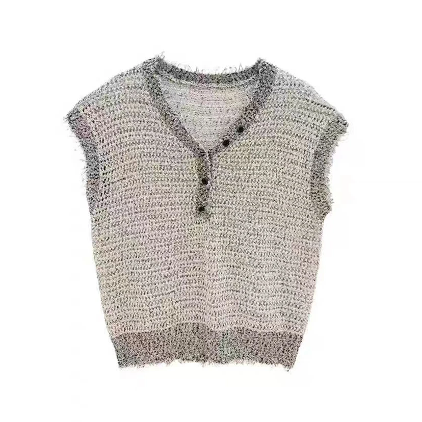 B 门店39&9！灰雾马甲」莱赛尔天丝亚麻镂空无袖针织背心上衣T4642