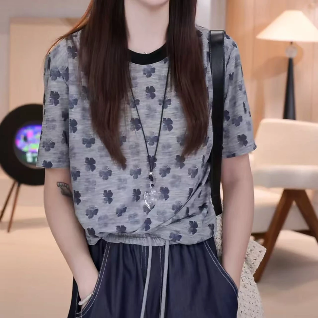 小个子撞色领渐变四叶草短袖T恤女2025夏季新款减龄宽松百搭上衣