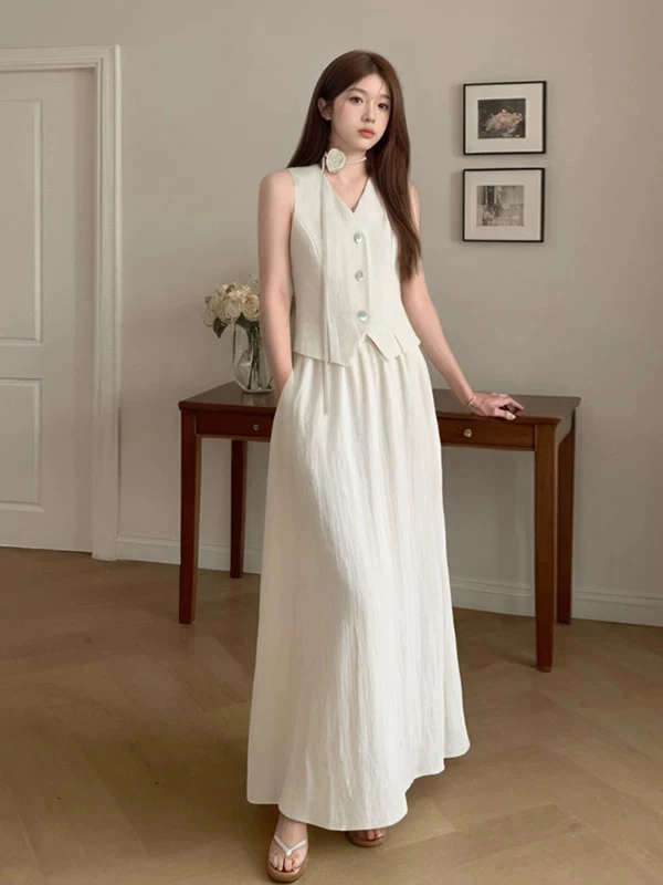 25188 法式气质小香套装女无袖短款排扣上衣高腰半身裙两件套夏