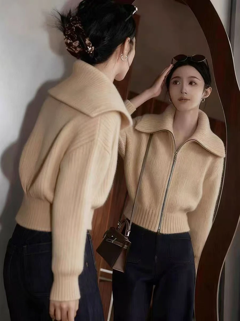 职业阿玛诗官2025秋冬款上衣轻奢高级感软糯慵懒风翻领拉链毛衣女