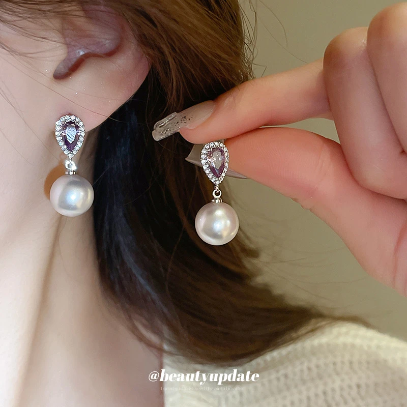 铜合金仿珍珠耳饰 银针锆石水滴珠珠耳钉女法式轻奢耳环时尚优雅