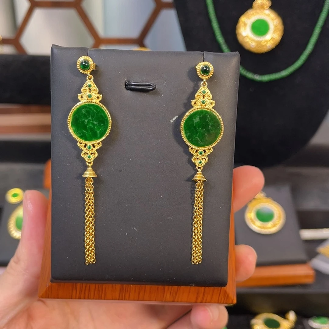 翡翠耳饰银S925镀金镶嵌