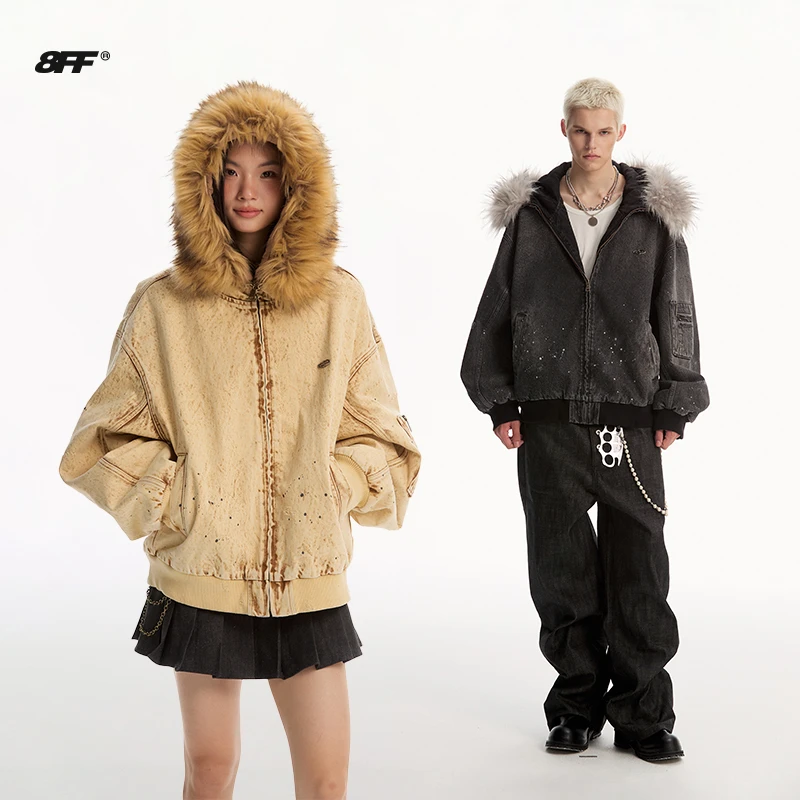 8FF大不相同/做旧N2B夹克拆卸毛领棉服bomber羽绒棉衣连帽座山雕