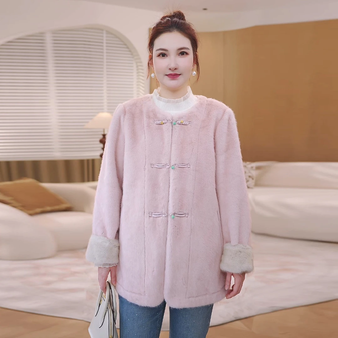 【仿貂毛麂皮绒】MsShe大码女装新中式盘扣皮毛一体外套S~E2510008