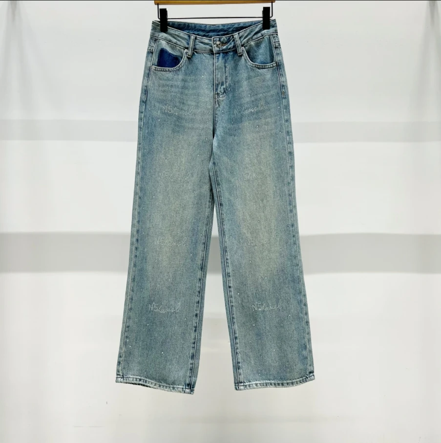 LL 小香重工烫钻牛仔直筒裤复古水洗蓝色高腰百搭 153810