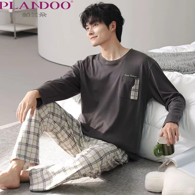 帕兰朵睡衣男士秋款纯棉长袖长裤休闲格子宽松秋冬新款男士睡衣