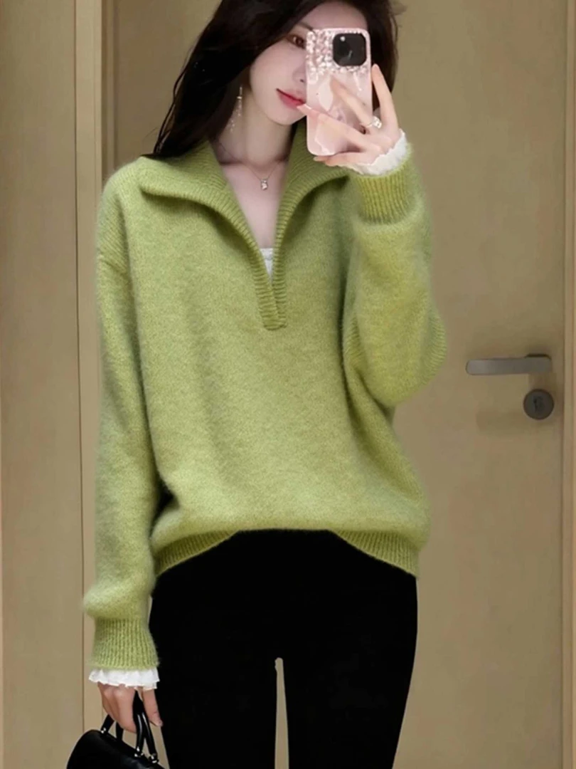 软糯绿色毛衣女秋冬慵懒风轻熟风翻领气质高端小香风厚款针织上衣