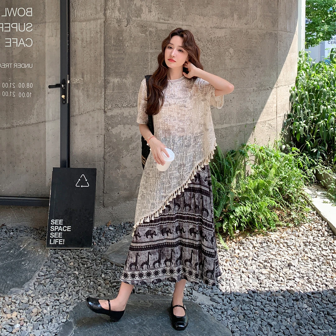 设计感不规则流苏T恤套装裙女2025夏季新款印花高腰半身裙两件套