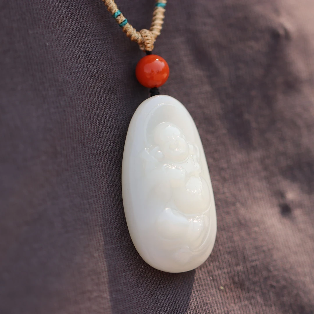 庭硕 和田玉白玉弥勒佛吊坠很白很细很油润39*20厚10mm13.81克