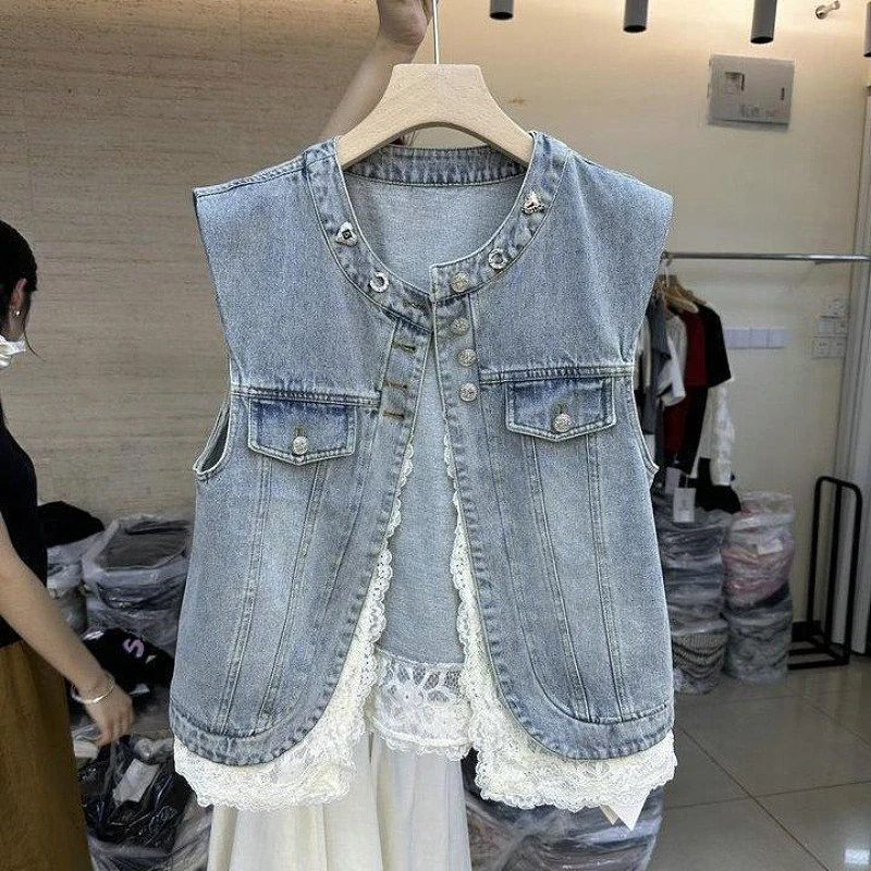 欧洲站无袖外穿牛仔坎肩马甲背心女春秋2025新款蕾丝拼接圆领马夹