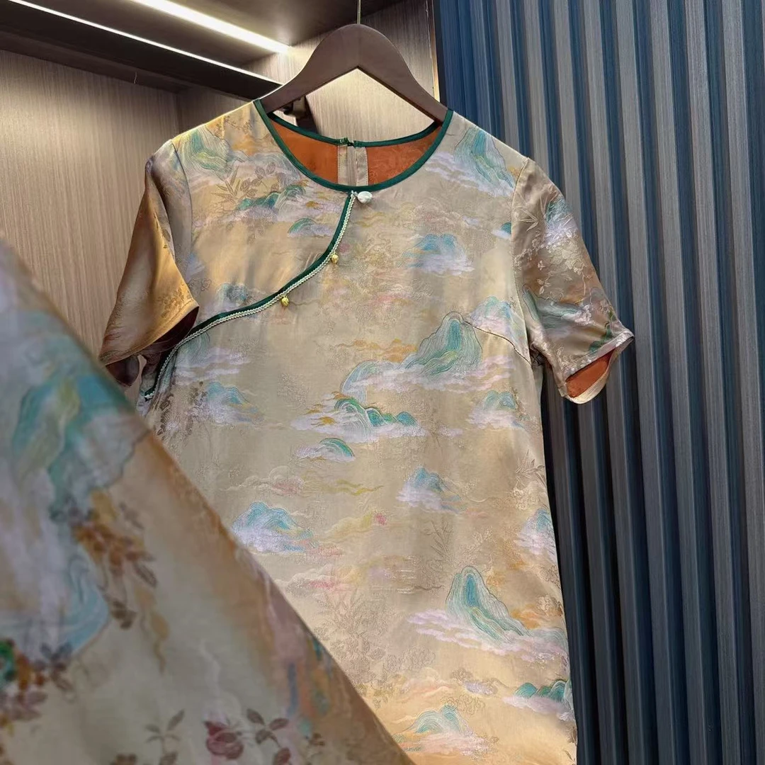 风如故-2025新中式改良斜襟圆领夏季女装宽松连衣裙