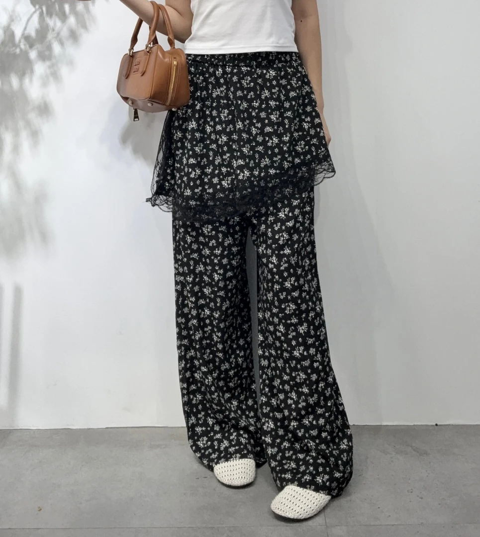 50277#设计感碎花蕾丝屁帘直筒休闲裤高腰时尚气质百搭阔腿裤