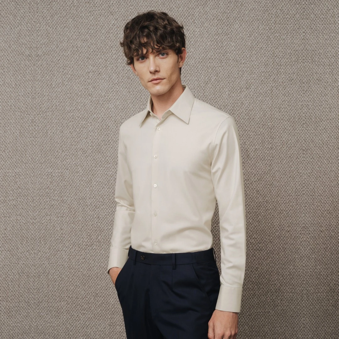 2025秋新款衬衫香槟色男士商务正装结婚长袖免烫抗皱莫代尔衬衣男