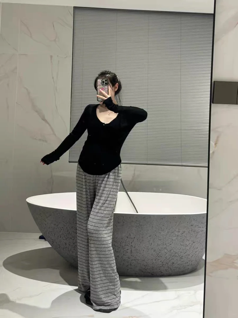 阔腿裤春秋外穿条纹无托腹 休闲糯米裤