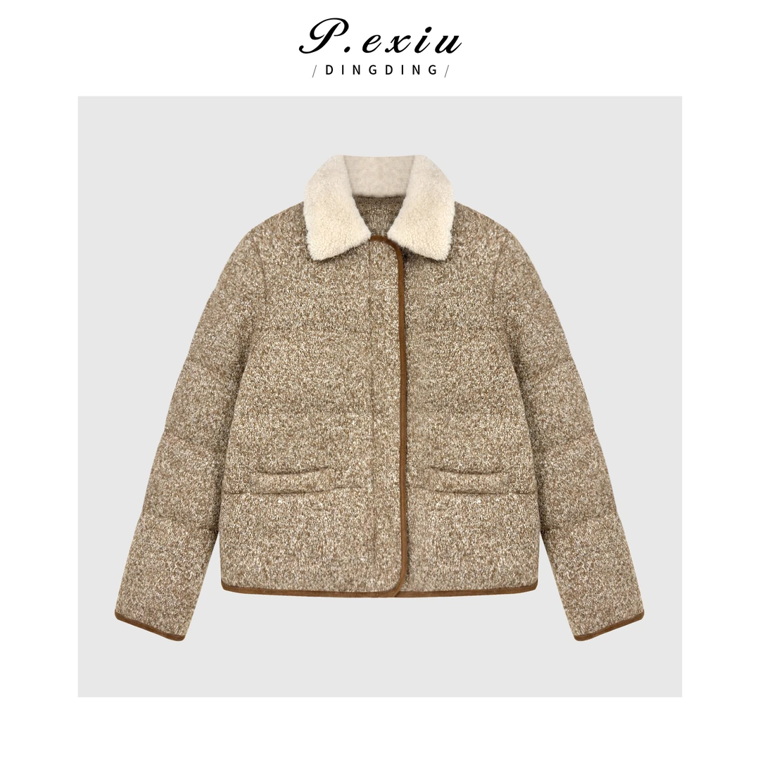 进口白鸭绒老钱风花纱混纺保暖翻领羽绒服GE2132