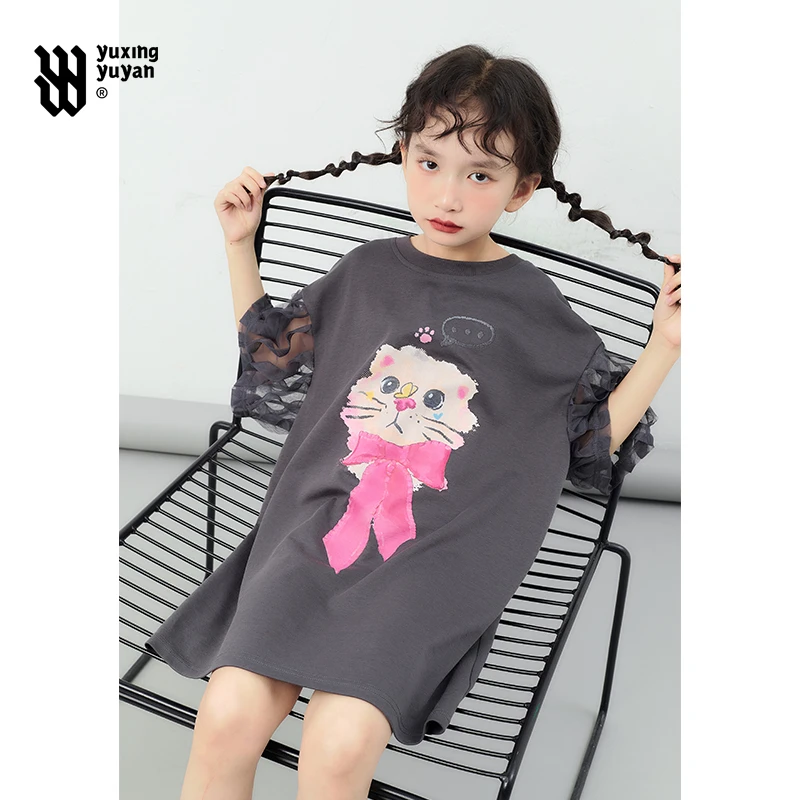 雨星雨嫣女童T恤裙夏季2025新款中童儿童洋气休闲裙子女孩学院风