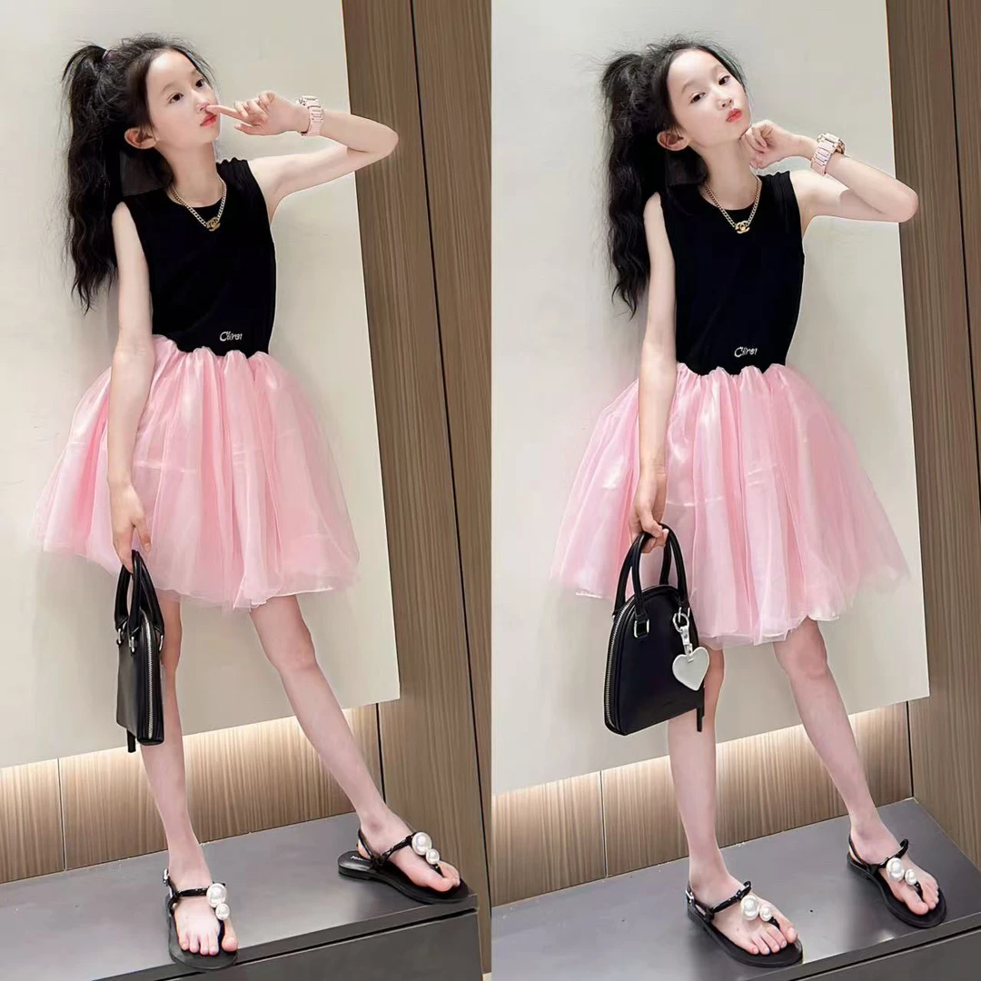 女童黑色连衣裙夏季女大童长裙背心裙赫本风小女孩夏装裙子洋气夏