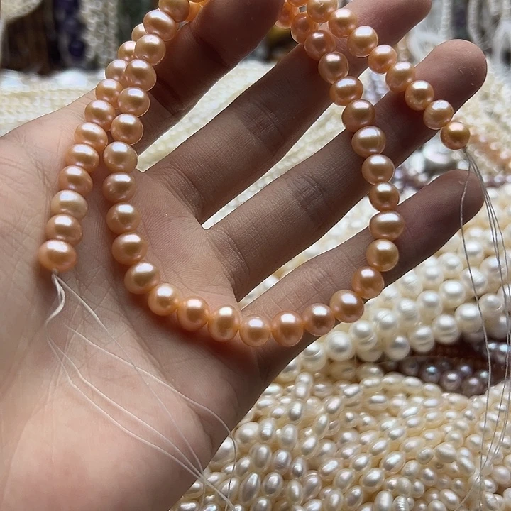 穿***越未镶嵌淡水珍珠珍珠半成品卡7-8近圆香槟色加到50厘米