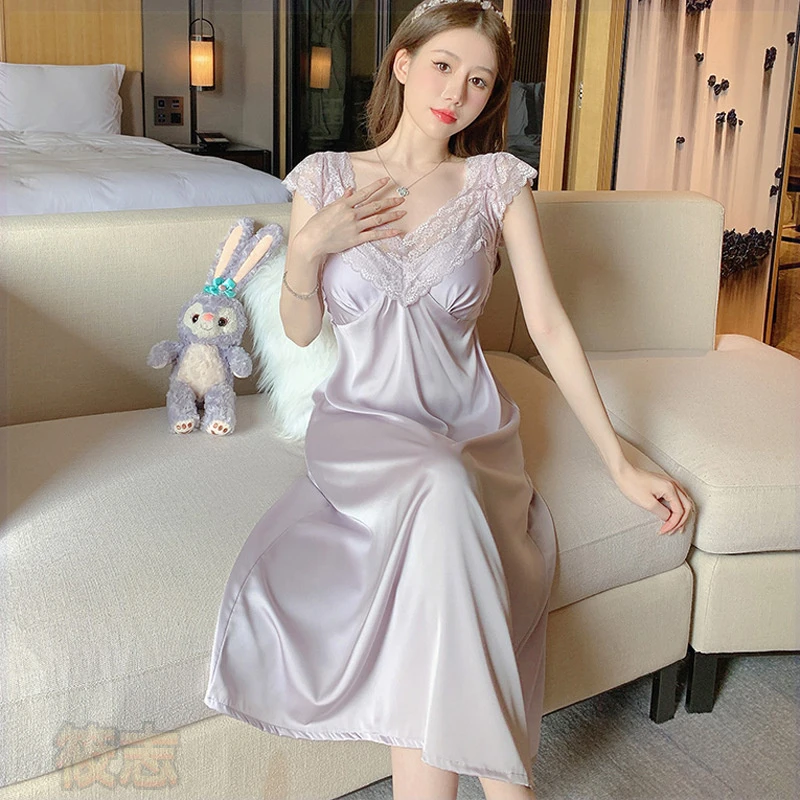 网红新款性感女夏季吊带睡裙蕾丝花边长裙睡衣居家服冰丝V领爆款