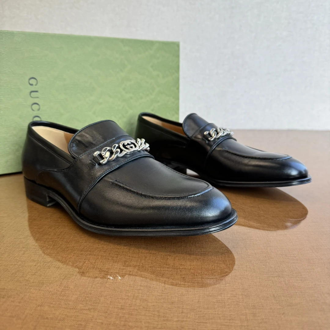 未使用 GUCCI/古驰 双G金属链条商务皮鞋 MEA30132