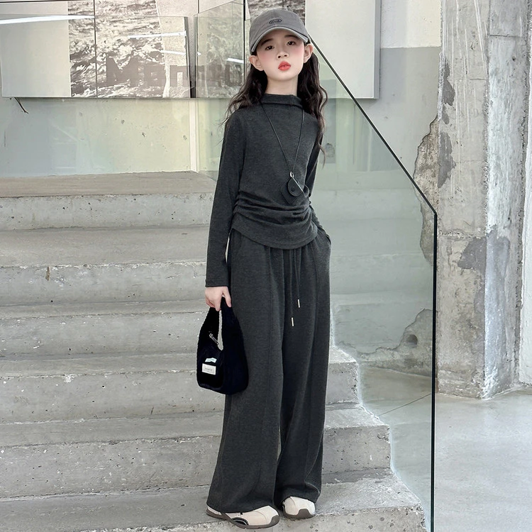 潮款秋季女童气质纯色潮款秋季春秋套头套装长袖高腰时尚休闲套装