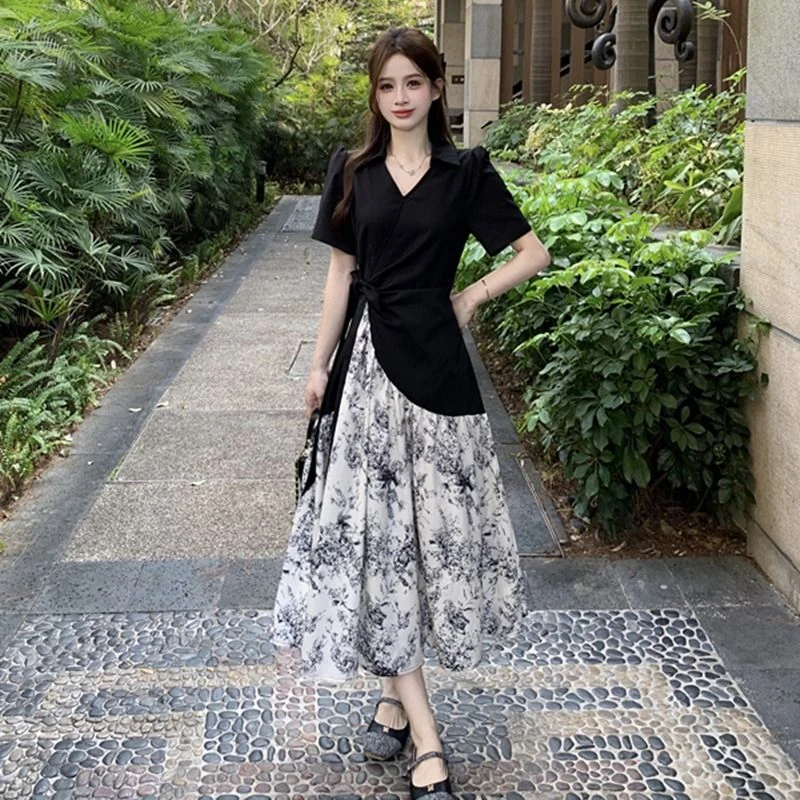 大码女装不规则拼接碎花连衣裙夏新中式国风假两件气质优雅a字裙