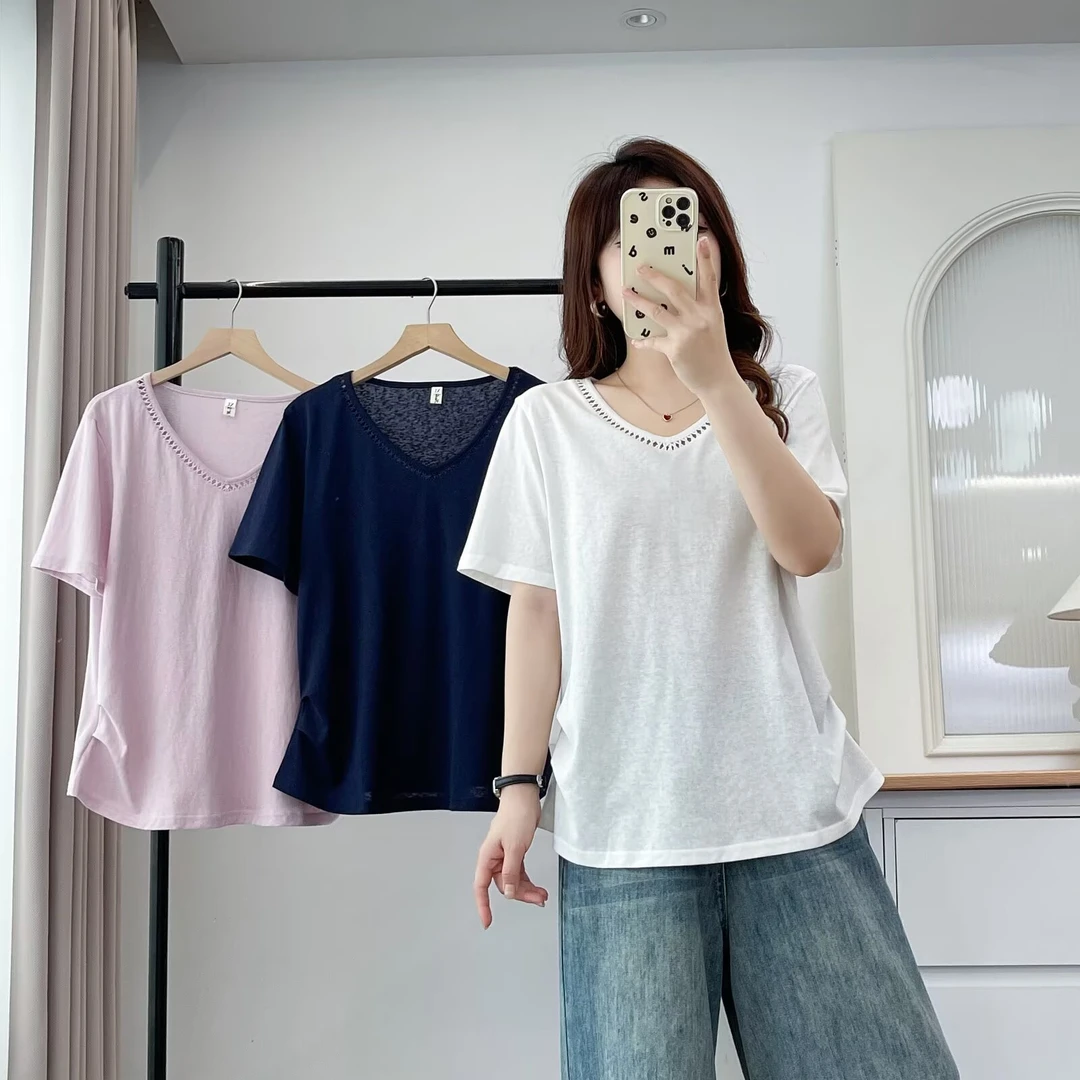 JIANAOBEN/简澳本大码洋气显瘦宽松花边V领简约百搭凉快短袖T恤