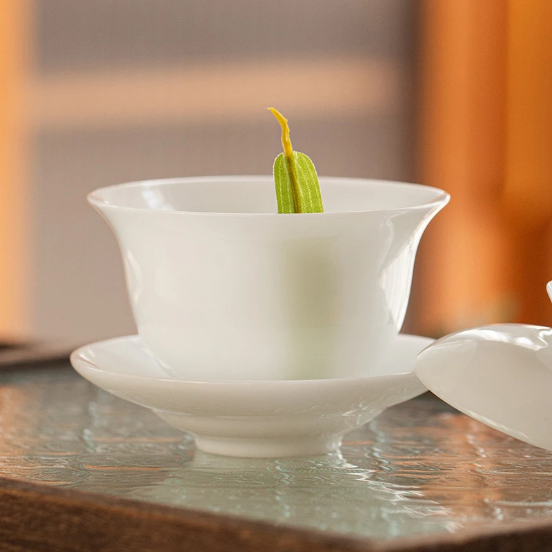 【高档冰种茶具盖碗】三才茶碗带盖白瓷羊脂玉瓷功夫盖碗茶杯单个