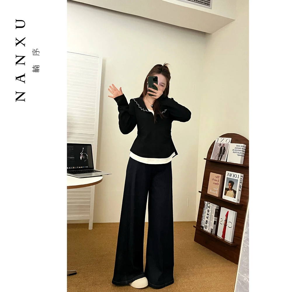 楠序微胖女装 洋气衣服女时尚拼接假两件针织衫女新款上衣YZ35108