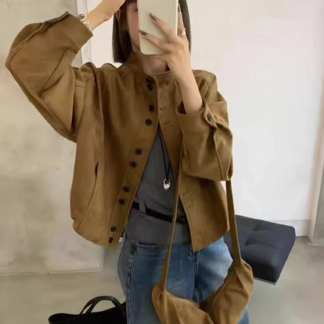 鹿皮绒单排扣通勤风女立领短外套百搭宽松韩版翻领短款