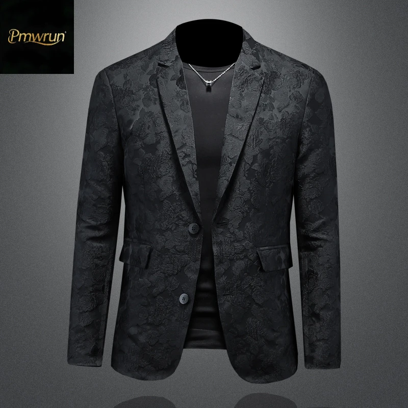 提花西装男士秋季新款商务休闲百搭翻领压花修身大码上衣西服外套