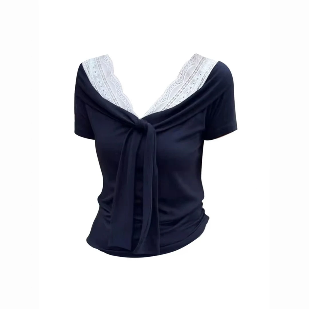 夏季新款韩版百搭V领宽松显瘦蕾丝拼接纯欲纯欲慵懒风女装