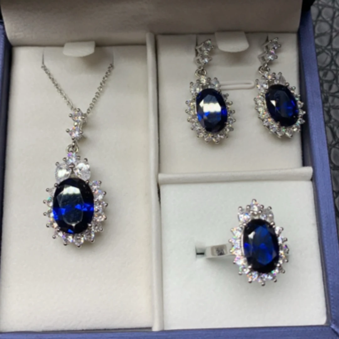 合成(培育)蓝宝石培育皇家蓝蓝宝石吊坠 耳钉 戒指三件套177