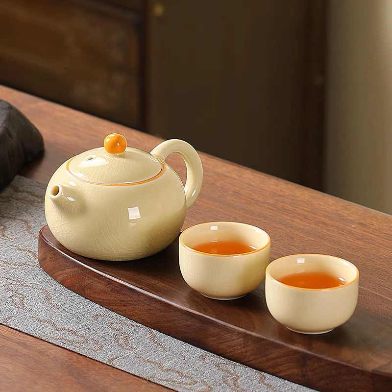 秘黄哥窑一壶二杯茶具小套装家用中式泡茶壶室内喝茶简约单人饮茶