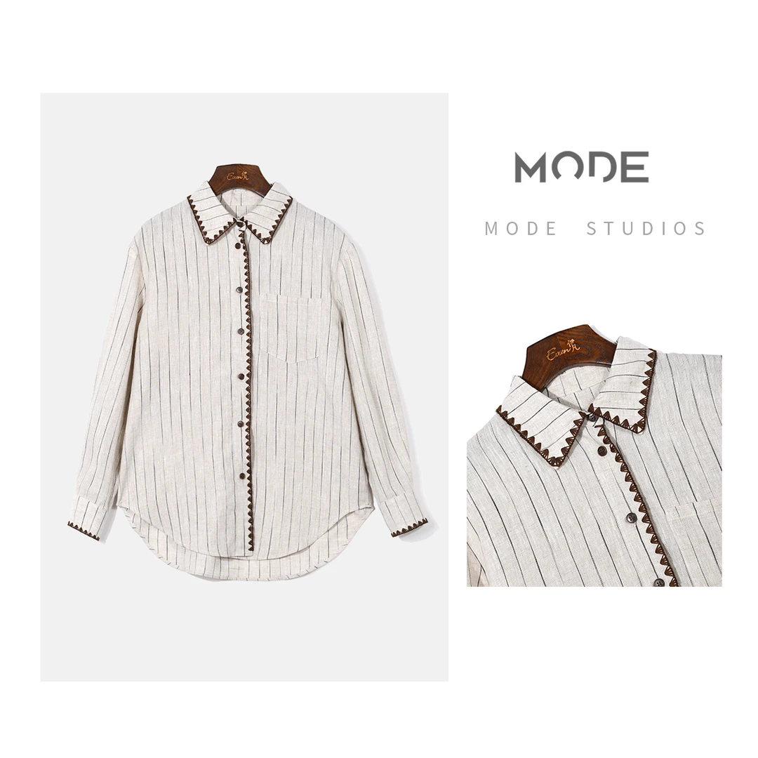 MODE【晨雾】法式翻领条纹拼色包边长袖衬衫
