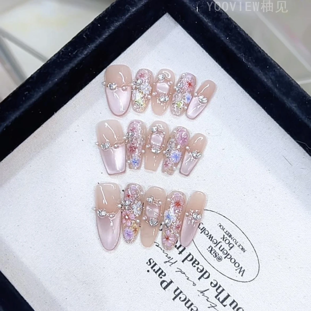 高级感穿戴甲片戴甲春色满园立体五彩瓣花追光猫眼款气质美甲贴片