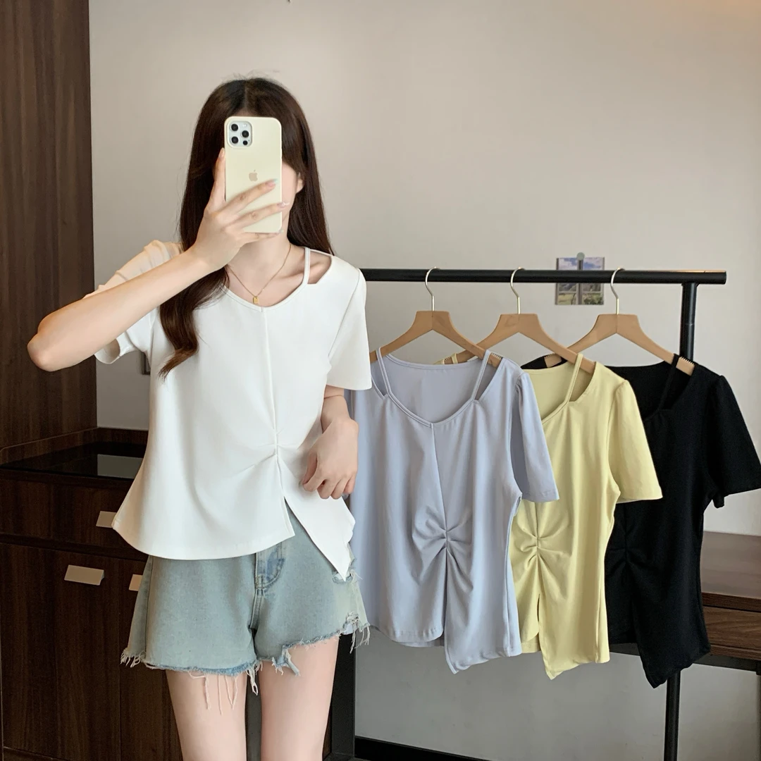 时尚显瘦大码夏季常规高腰短袖法式T恤杂志风褶皱休闲镂空V领开叉
