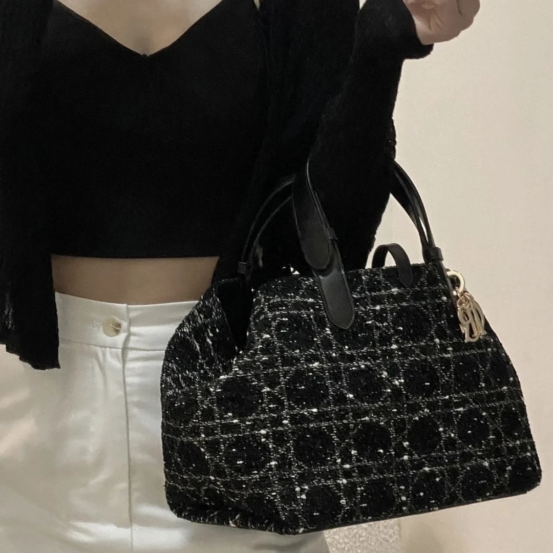 99新 DIOR/迪奥 9416 黑白粗花呢土著toujours手提包中号24